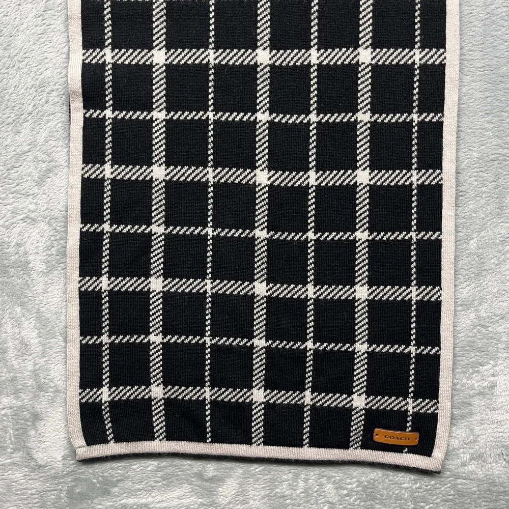 Coach‎ Scarf Black Ivory Reversible Plaid Wool Cotton Knit Leather Logo
